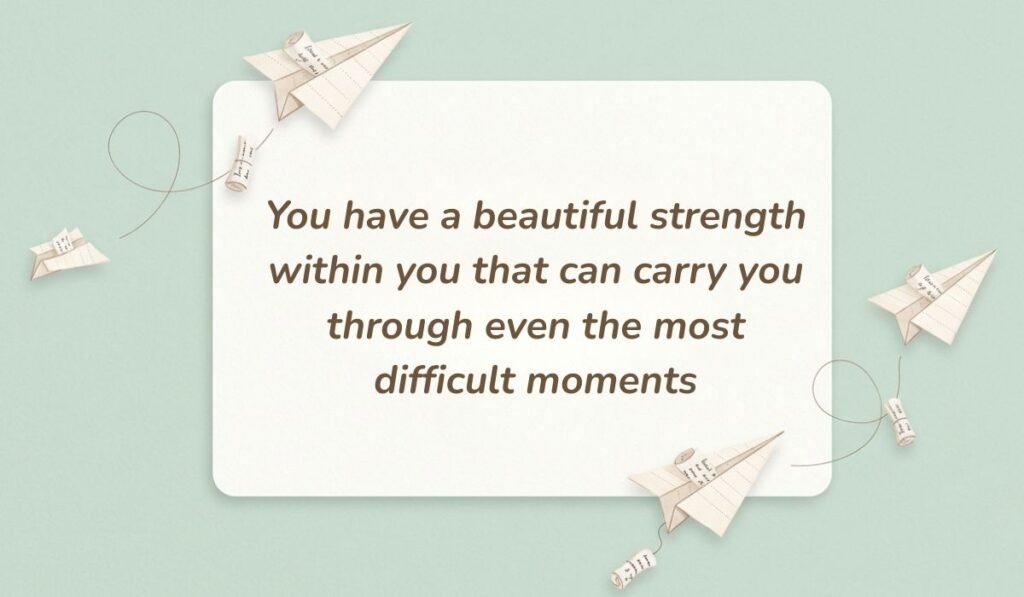 Soft green backdrop with mini paper airplanes trailing message scrolls displaying encouraging quotes for breast cancer patients reading, "You have a beautiful strength within you that can carry you through even the most difficult moments."