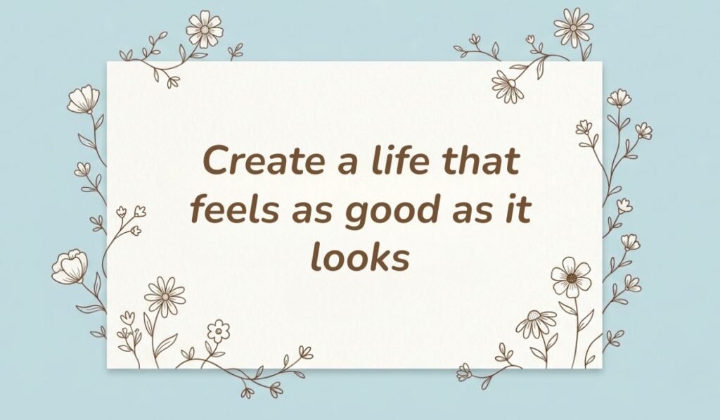 Soft blue background framed with botanical floral line art presenting facebook quotes for cover photo reading, "Create a life that feels as good as it looks."