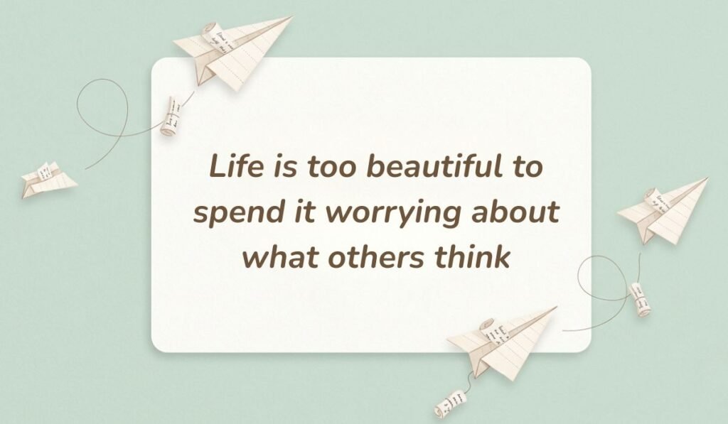 Soft mint green background decorated with paper airplanes and message scrolls displaying facebook quotes for cover photo stating, "Life is too beautiful to spend it worrying about what others think."