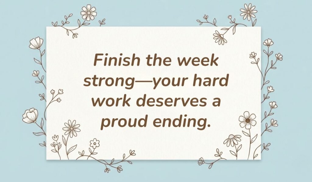 Light blue card with floral line-art borders displaying friday motivational quotes for work reading, "Finish the week strong—your hard work deserves a proud ending."