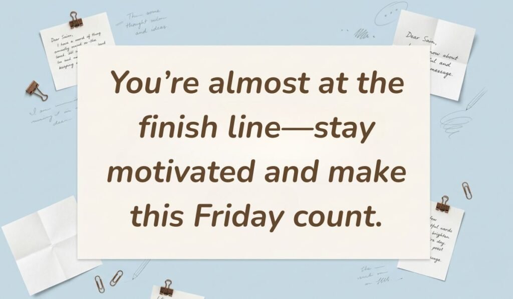 Light blue stationery flat lay with memo notes showing friday motivational quotes for work reading, "You're almost at the finish line—stay motivated and make this Friday count."