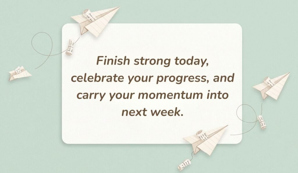 Mint green background with paper airplanes featuring friday motivational quotes for work reading, "Finish strong today, celebrate your progress, and carry your momentum into next week."