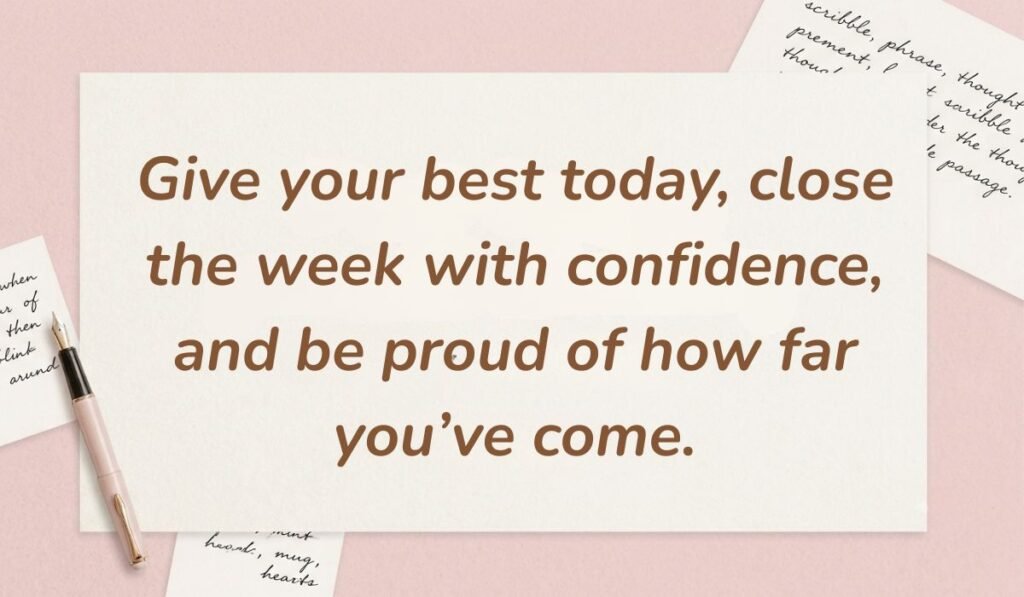 Soft pink desk background with a fountain pen and handwritten notes displaying friday motivational quotes for work reading, "Give your best today, close the week with confidence, and be proud of how far you've come."
