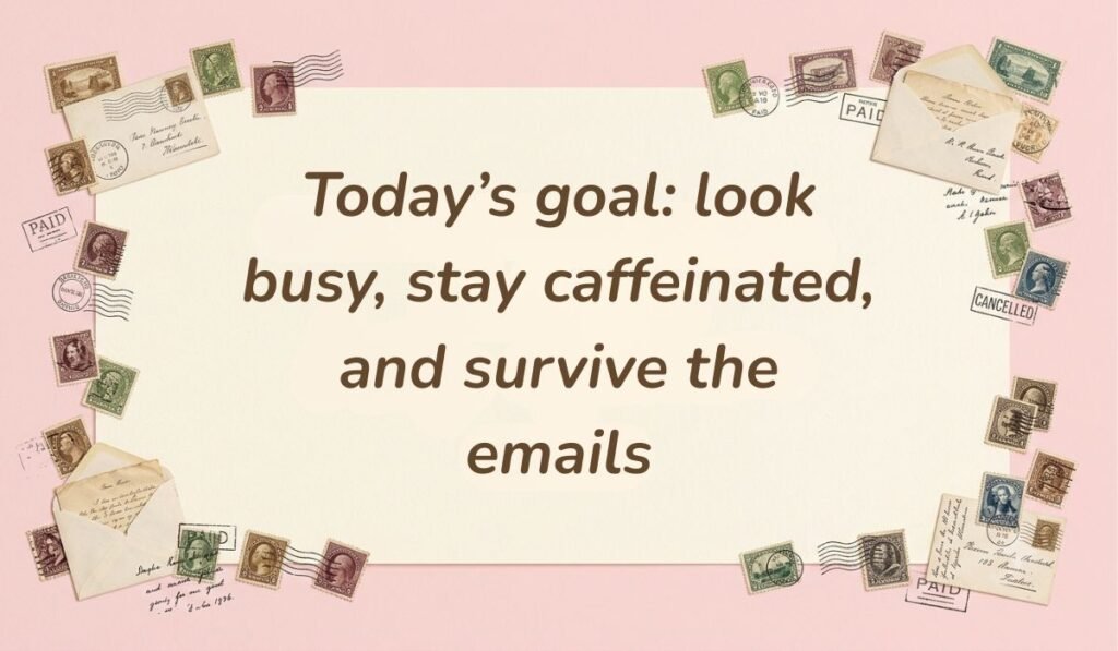 Soft pink card layout framed with vintage postage stamps displaying funny quotes for the day at work reading, "Today's goal: look busy, stay caffeinated, and survive the emails"