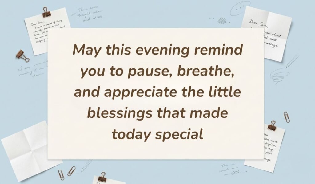 Light blue workspace setting surrounded by paperclips and note cards featuring good evening blessings stating, "May this evening remind you to pause, breathe, and appreciate the little blessings that made today special"