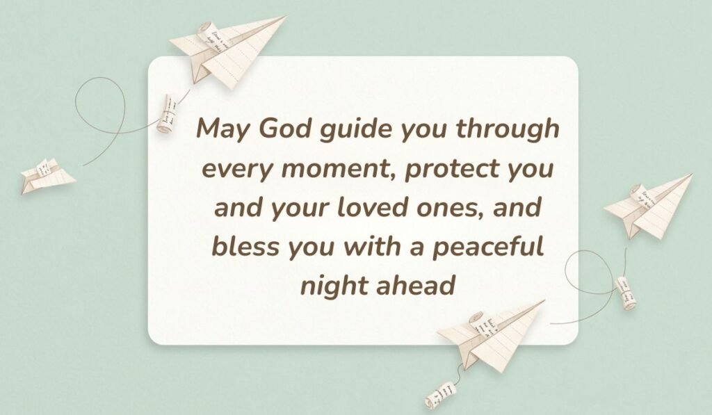 Soft mint green background decorated with paper airplanes and message scrolls displaying good evening blessings stating, "May God guide you through every moment, protect you and your loved ones, and bless you with a peaceful night ahead"