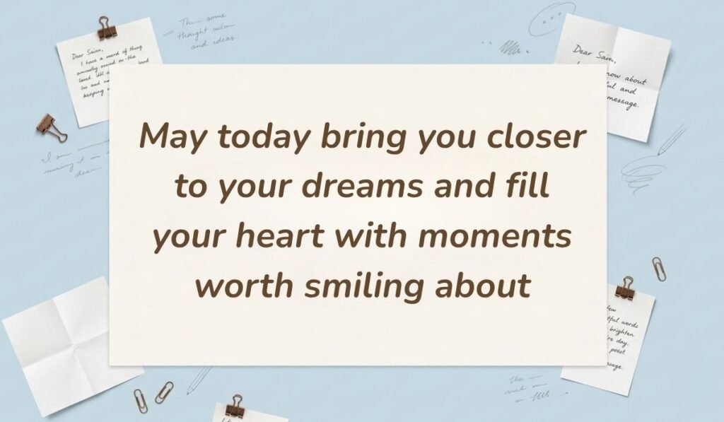 Light blue stationery background with memo notes and clips showing good morning quotes for her reading, "May today bring you closer to your dreams and fill your heart with moments worth smiling about"