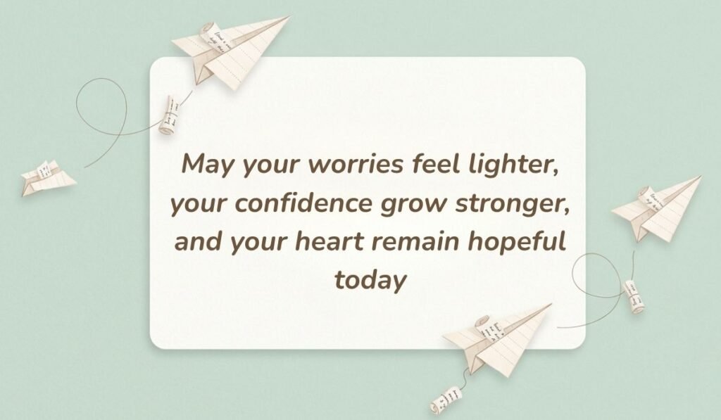 Mint green background with paper airplanes featuring good morning quotes for her reading, "May your worries feel lighter, your confidence grow stronger, and your heart remain hopeful today"