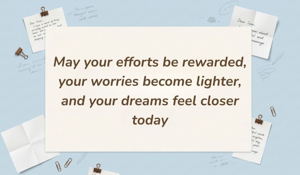 Light blue stationery flat lay with memo notes showing good morning quotes for him reading, "May your efforts be rewarded, your worries become lighter, and your dreams feel closer today"