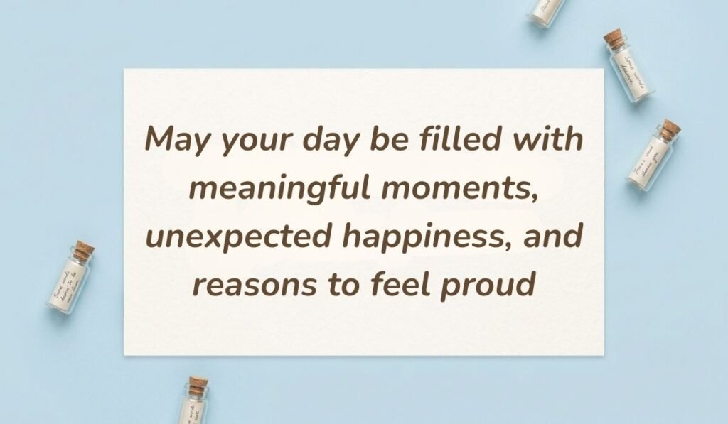 Light blue flat lay with mini glass message bottles showing good morning quotes for him reading, "May your day be filled with meaningful moments, unexpected happiness, and reasons to feel proud"