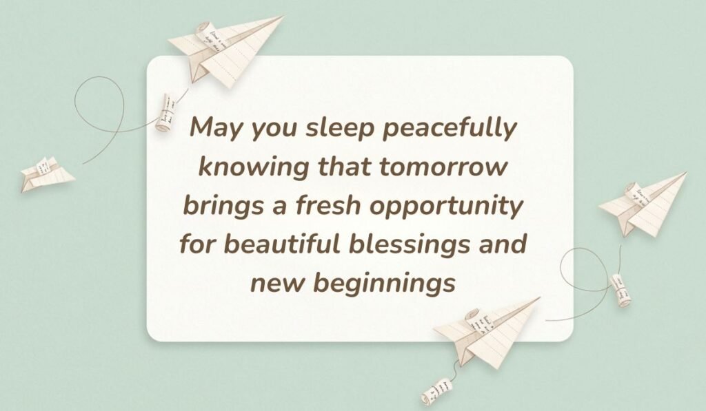 Soft mint green background decorated with paper airplanes and message scrolls displaying good night blessings stating, "May you sleep peacefully knowing that tomorrow brings a fresh opportunity for beautiful blessings and new beginnings"