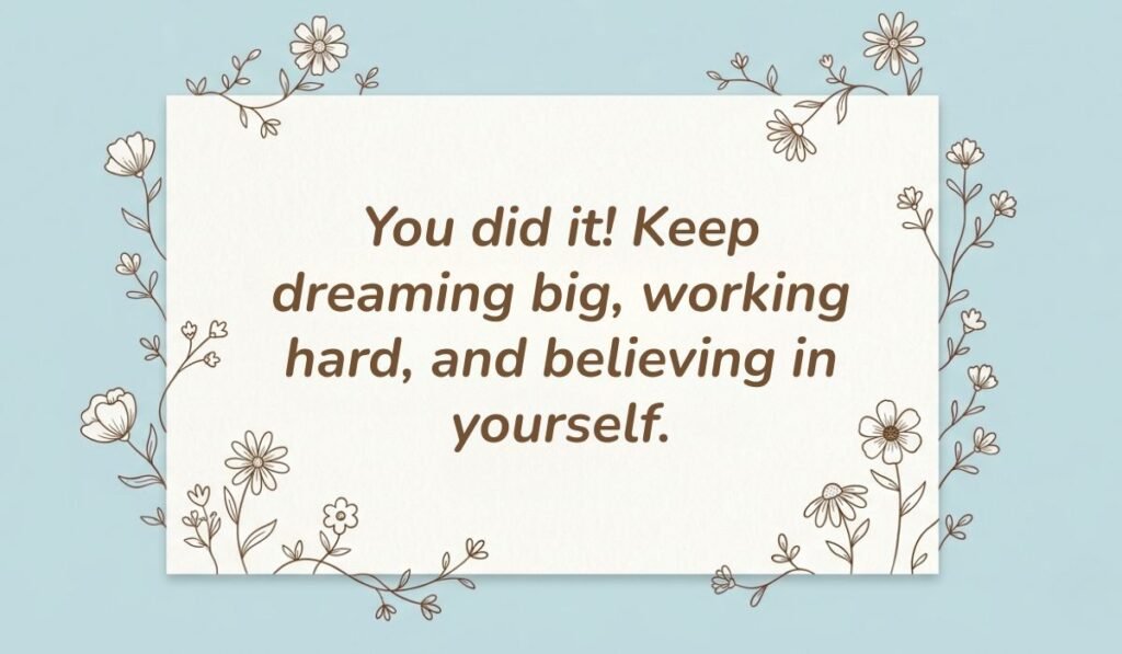 Light blue card with floral line-art borders displaying graduation quotes for 5th graders reading, "You did it! Keep dreaming big, working hard, and believing in yourself."