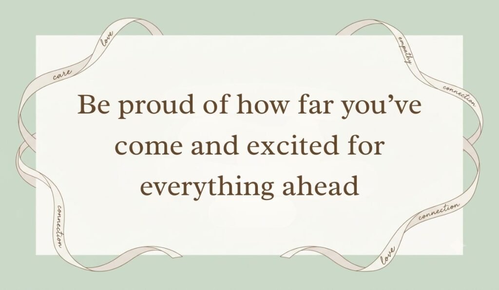 Sage green card layout framed with decorative ribbons displaying graduation quotes for 5th graders reading, "Be proud of how far you've come and excited for everything ahead"