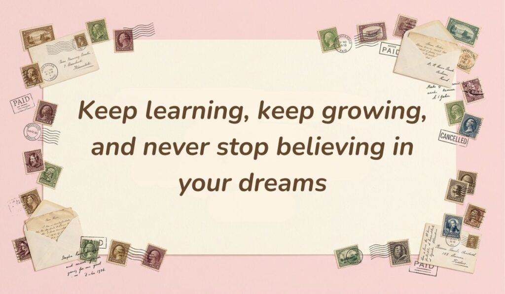 Soft pink card layout framed with vintage postage stamps displaying graduation quotes for 5th graders reading, "Keep learning, keep growing, and never stop believing in your dreams"