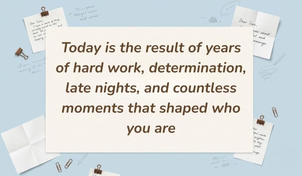 Light blue stationery flat lay with memo notes showing graduation quotes for high school reading, "Today is the result of years of hard work, determination, late nights, and countless moments that shaped who you are"