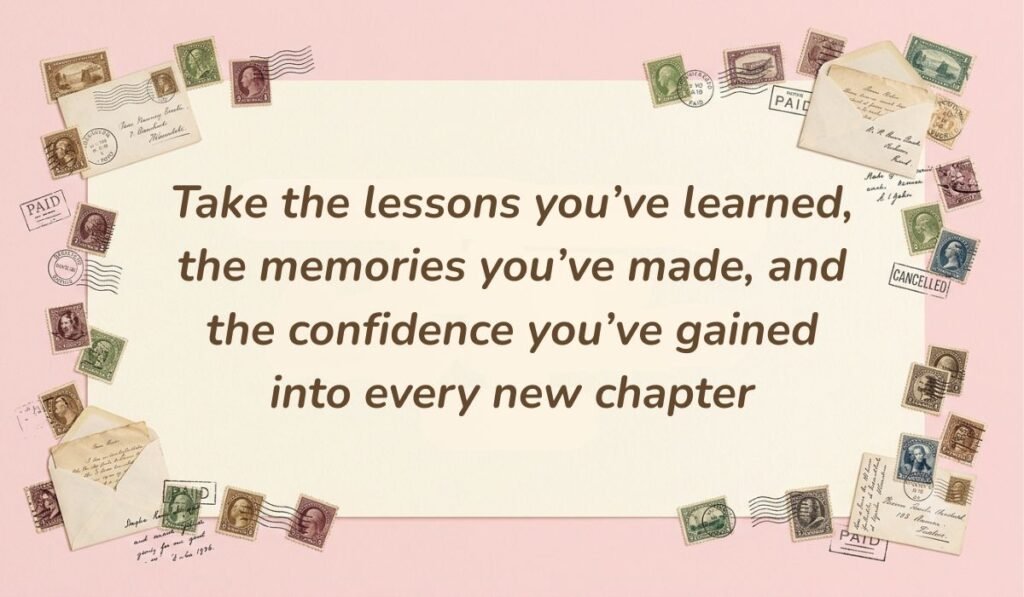 Soft pink card layout framed with vintage postage stamps displaying graduation quotes for high school reading, "Take the lessons you've learned, the memories you've made, and the confidence you've gained into every new chapter"