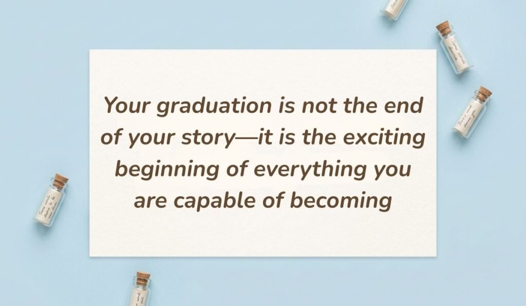 Light blue flat lay with mini glass message bottles showing graduation quotes for high school reading, "Your graduation is not the end of your story—it is the exciting beginning of everything you are capable of becoming"
