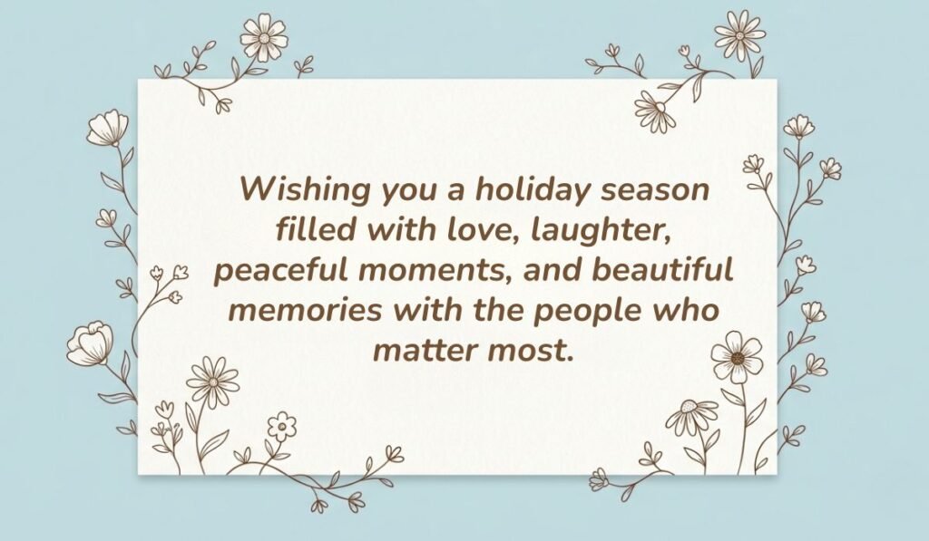 Soft blue background with delicate line-art floral doodles featuring greeting card messages for holidays reading, "Wishing you a holiday season filled with love, laughter, peaceful moments, and beautiful memories with the people who matter most."