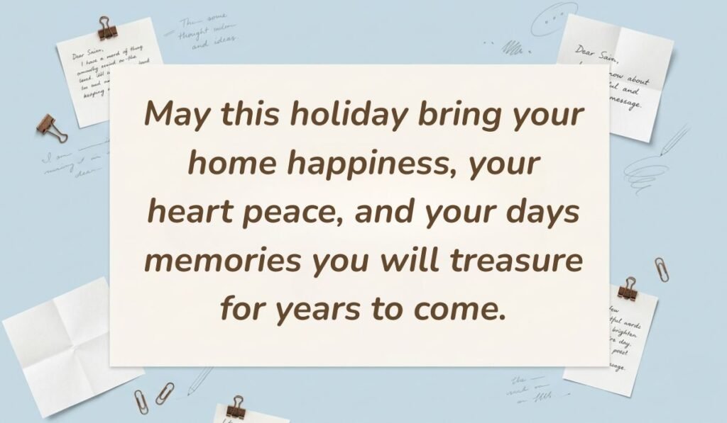 Powder blue flat lay decorated with handwritten note cards and paper clips featuring greeting card messages for holidays reading, "May this holiday bring your home happiness, your heart peace, and your days memories you will treasure for years to come."