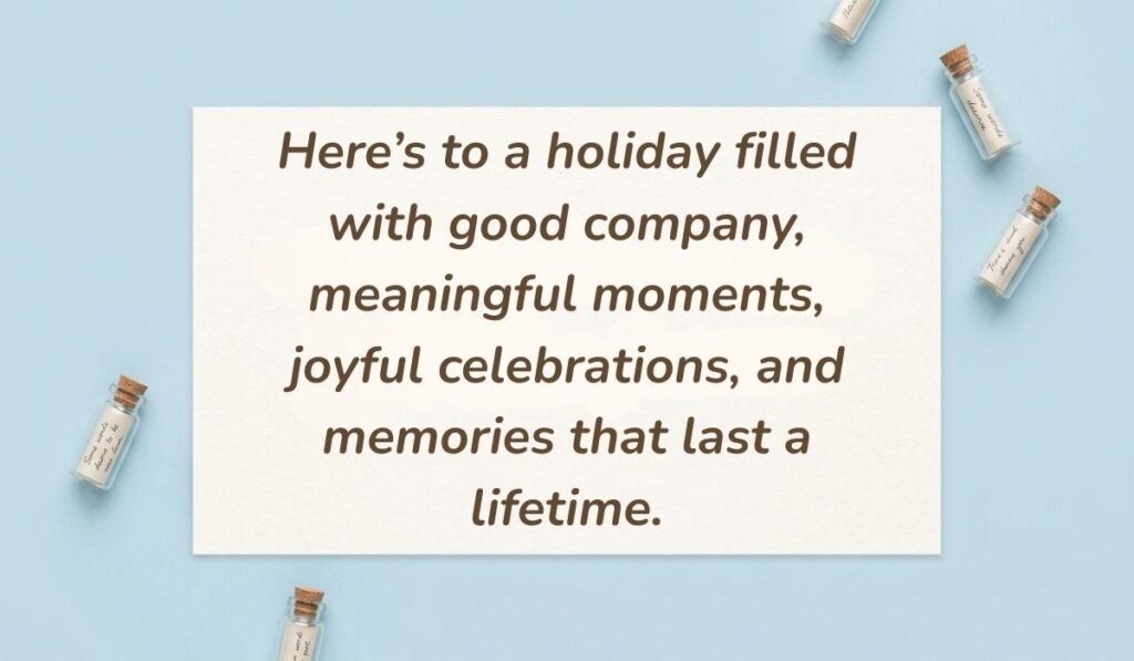 Powder blue aesthetic setup with corked mini glass message bottles showcasing greeting card messages for holidays reading, "Here’s to a holiday filled with good company, meaningful moments, joyful celebrations, and memories that last a lifetime."