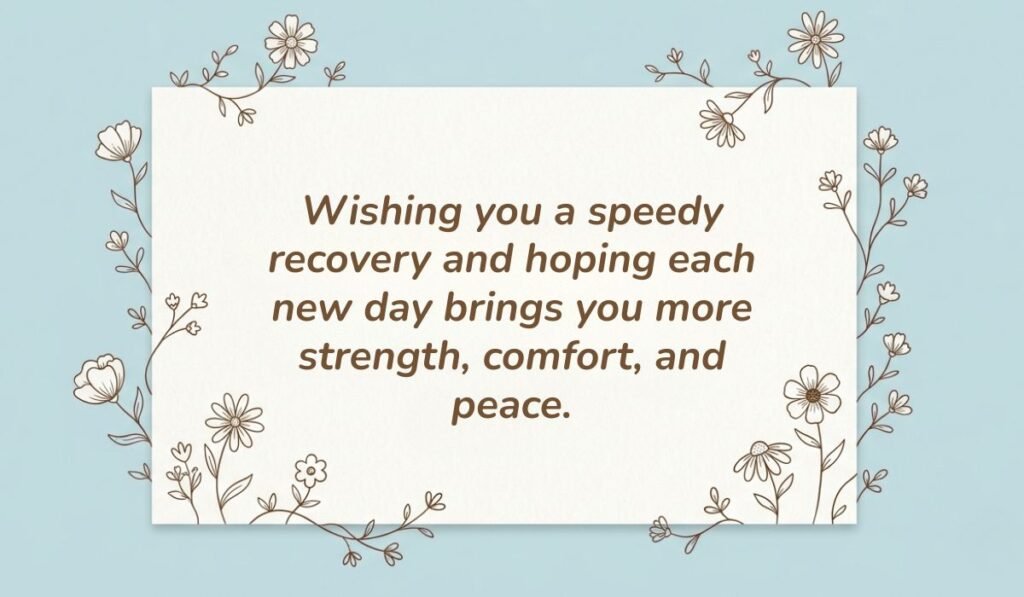 Soft light blue card framed by delicate floral line art illustrations presenting greetings for get well wishes with text reading, "Wishing you a speedy recovery and hoping each new day brings you more strength, comfort, and peace."