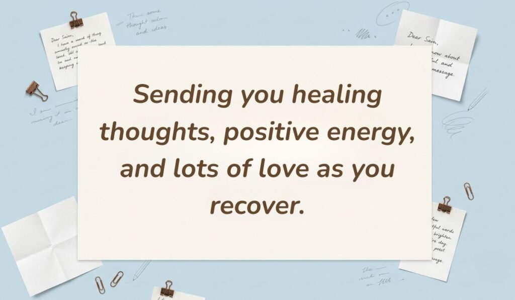 Light blue desk aesthetic surrounded by pinned note cards and paperclips displaying greetings for get well wishes reading, "Sending you healing thoughts, positive energy, and lots of love as you recover."