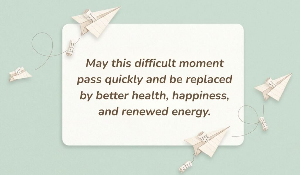 Soft green background decorated with tiny paper airplanes carrying mini scrolls showcasing greetings for get well wishes stating, "May this difficult moment pass quickly and be replaced by better health, happiness, and renewed energy."