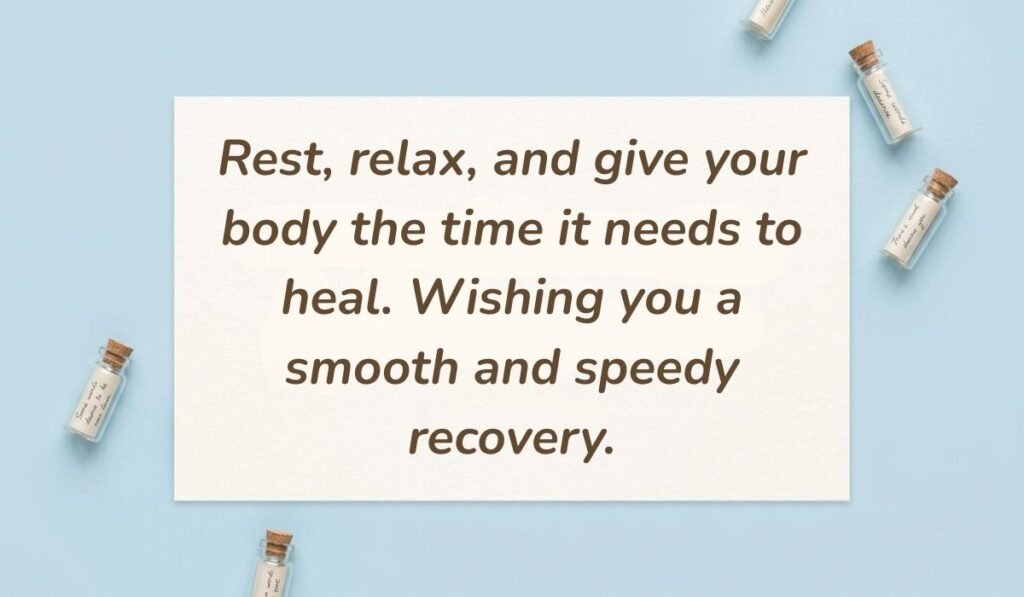 Light blue layout decorated with mini corked glass bottles containing message scrolls presenting greetings for get well wishes reading, "Rest, relax, and give your body the time it needs to heal. Wishing you a smooth and speedy recovery."