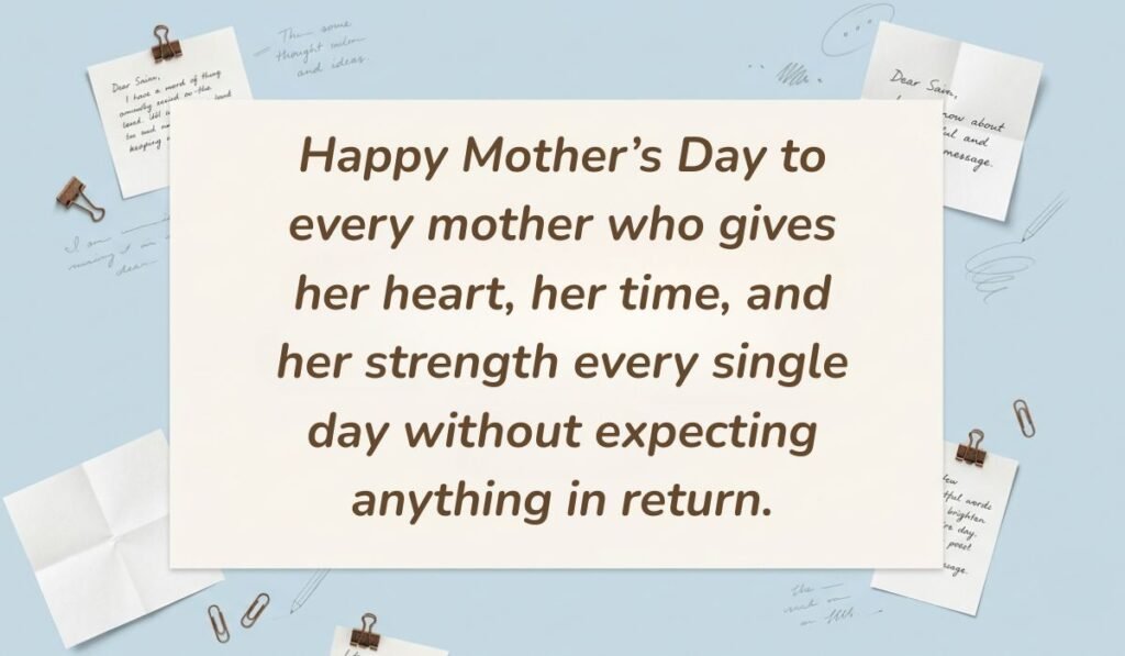 Light blue stationery flat lay with memo notes showing happy mothers day wishes for all moms reading, "Happy Mother’s Day to every mother who gives her heart, her time, and her strength every single day without expecting anything in return."