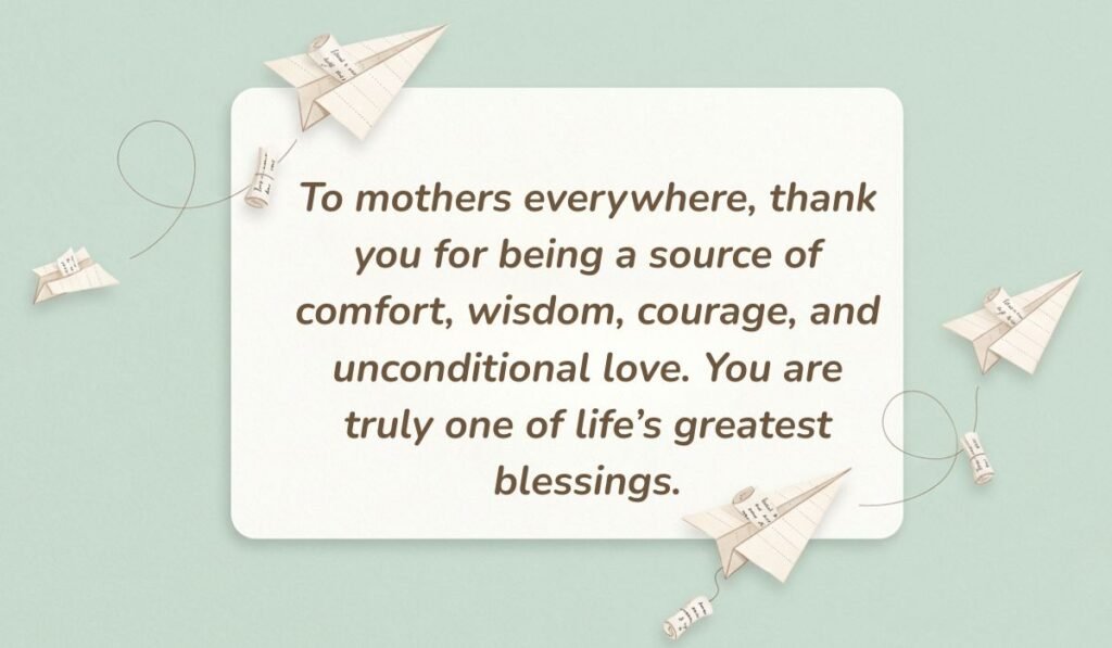 Mint green background with paper airplanes featuring happy mothers day wishes for all moms reading, "To mothers everywhere, thank you for being a source of comfort, wisdom, courage, and unconditional love. You are truly one of life’s greatest blessings."