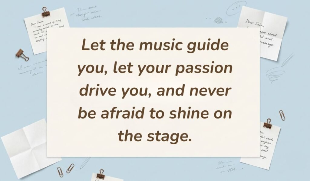 Light blue stationery flat lay with memo notes showing inspirational dance quotes for dancers reading, "Let the music guide you, let your passion drive you, and never be afraid to shine on the stage."