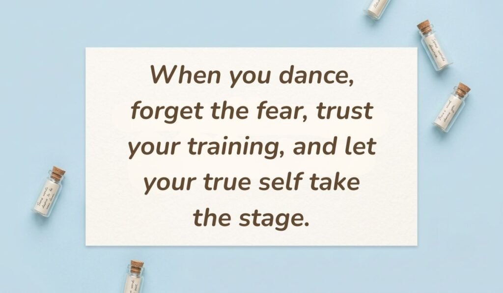 Light blue flat lay with mini glass message bottles showing inspirational dance quotes for dancers reading, "When you dance, forget the fear, trust your training, and let your true self take the stage."
