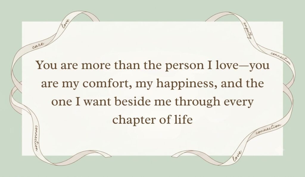 Sage green backdrop framed with flowing decorative ribbons showcasing love messages for him reading, "You are more than the person I love—you are my comfort, my happiness, and the one I want beside me through every chapter of life"