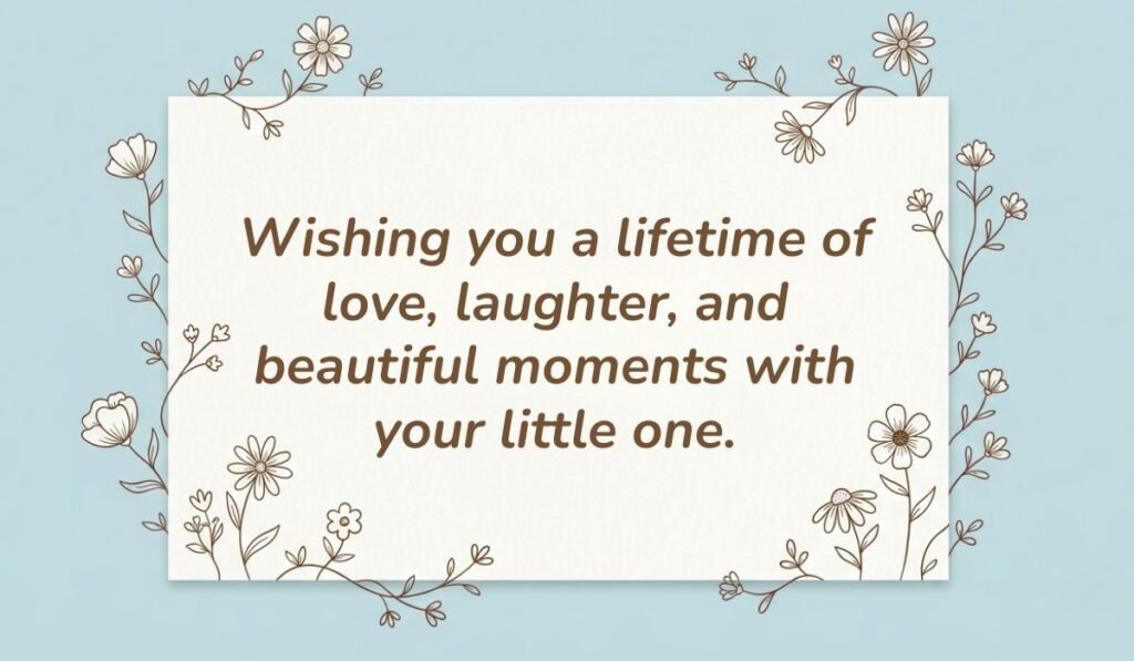 Light blue card with floral line-art borders displaying messages for baby shower card reading, "Wishing you a lifetime of love, laughter, and beautiful moments with your little one."