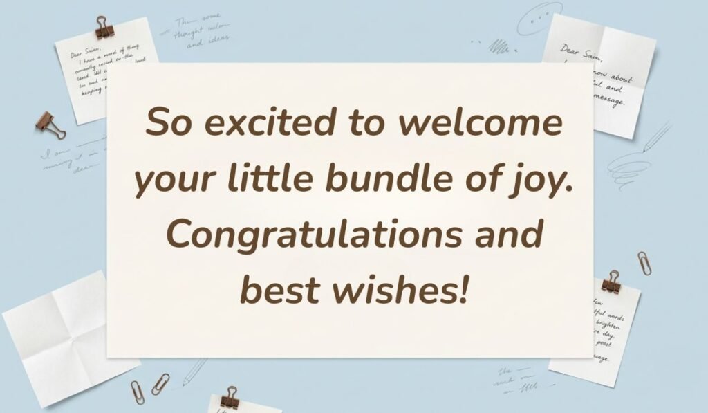 Light blue stationery flat lay with memo notes showing messages for baby shower card reading, "So excited to welcome your little bundle of joy. Congratulations and best wishes!"