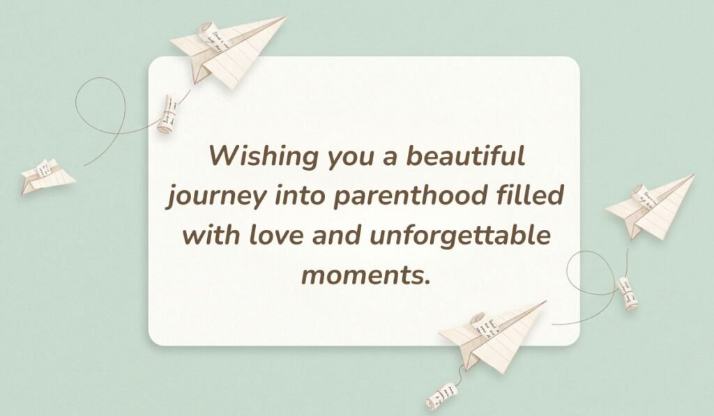 Mint green background with paper airplanes featuring messages for baby shower card reading, "Wishing you a beautiful journey into parenthood filled with love and unforgettable moments."