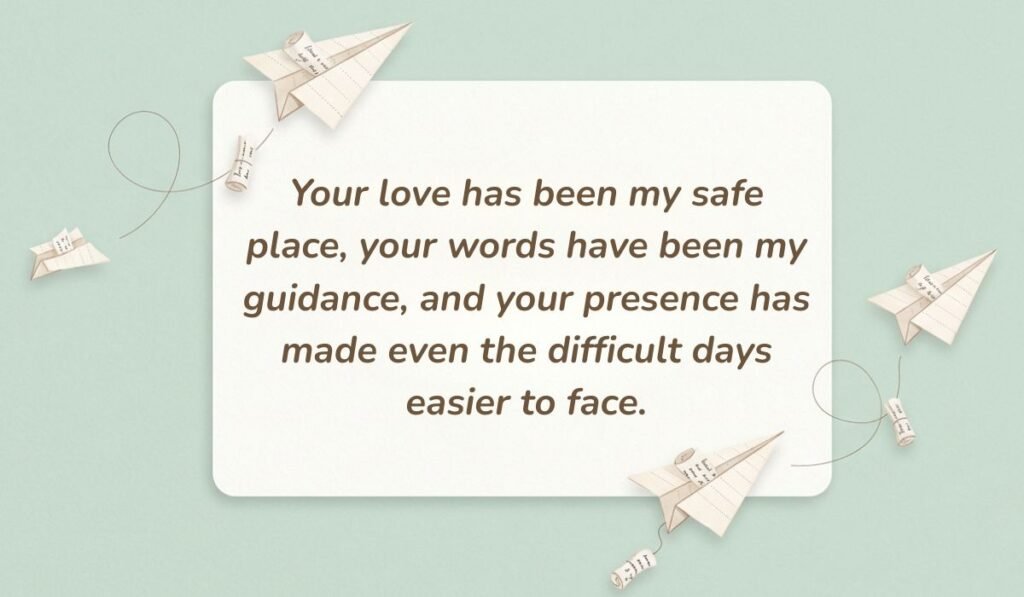 Mint green background with paper airplanes featuring messages for mother on mother's day reading, "Your love has been my safe place, your words have been my guidance, and your presence has made even the difficult days easier to face."
