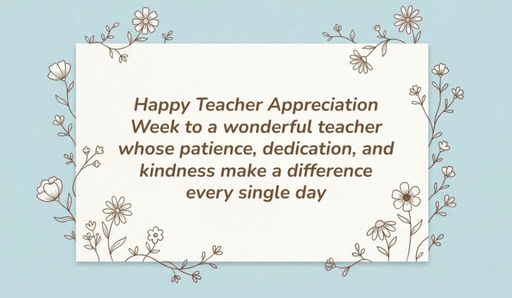Light blue card with floral line-art borders displaying messages for teacher appreciation week reading, "Happy Teacher Appreciation Week to a wonderful teacher whose patience, dedication, and kindness make a difference every single day"