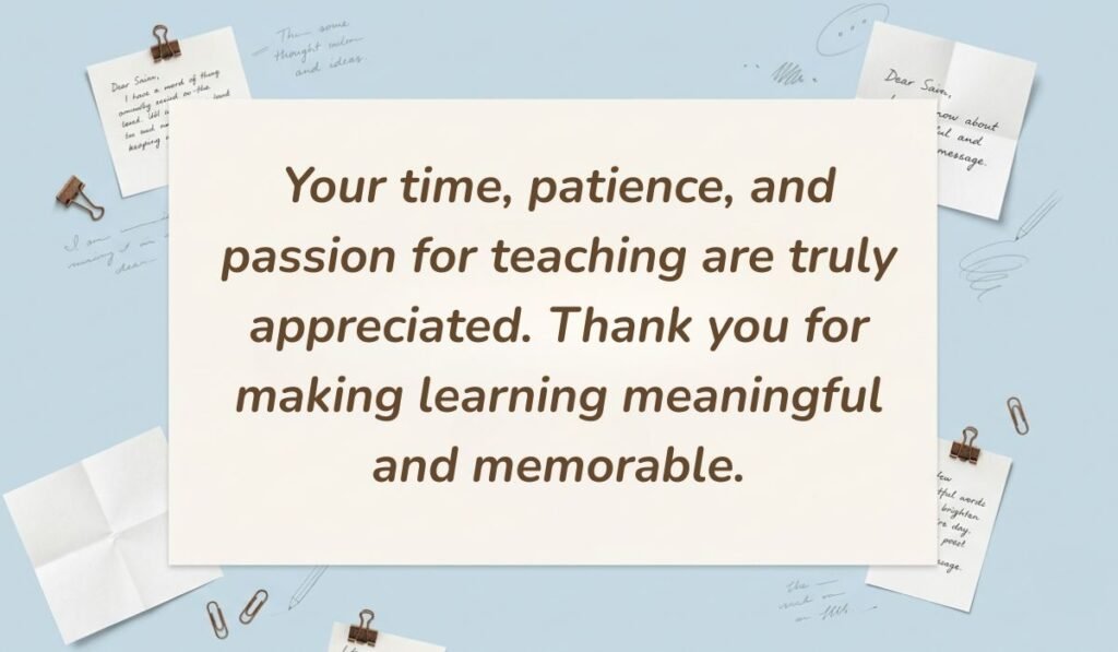 Light blue stationery flat lay with memo notes showing messages for teacher appreciation week reading, "Your time, patience, and passion for teaching are truly appreciated. Thank you for making learning meaningful and memorable."
