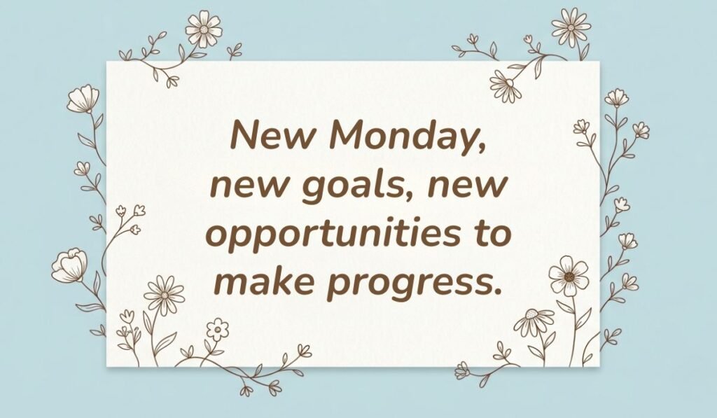 Light blue card with floral line-art borders displaying monday motivational quotes for work reading, "New Monday, new goals, new opportunities to make progress."