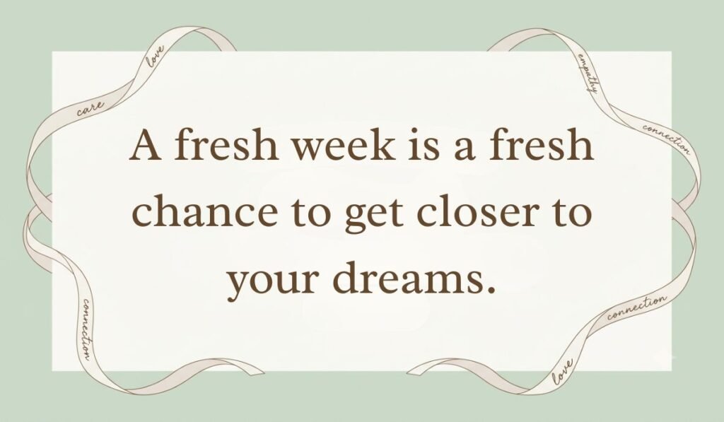 Sage green card layout framed with decorative ribbons displaying monday motivational quotes for work reading, "A fresh week is a fresh chance to get closer to your dreams."