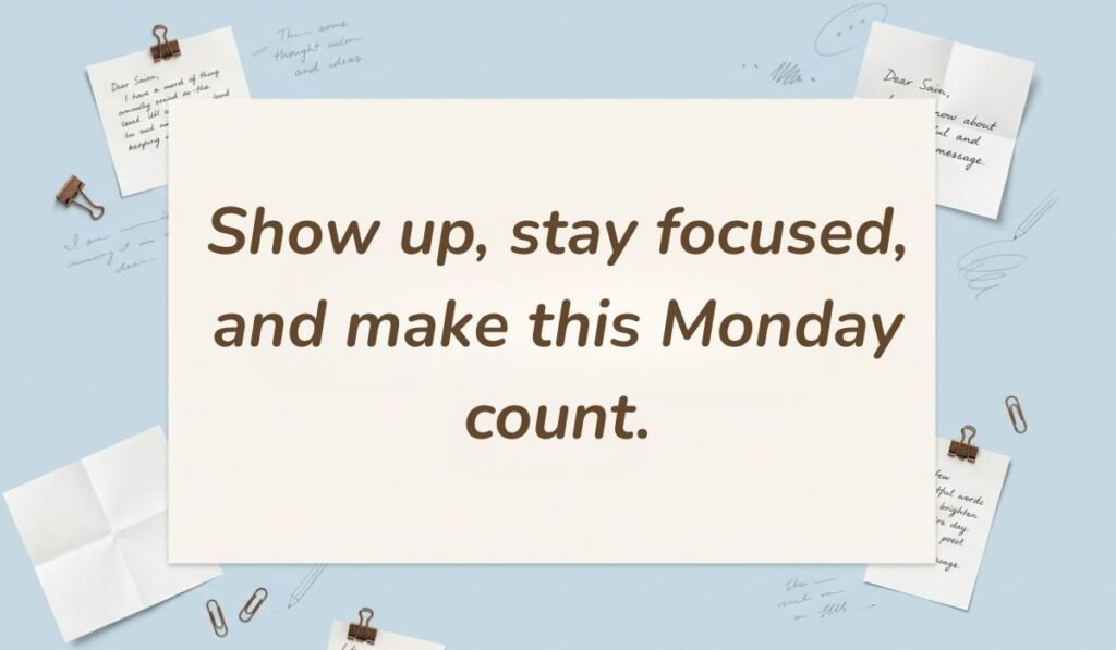 Light blue stationery flat lay with memo notes showing monday motivational quotes for work reading, "Show up, stay focused, and make this Monday count."