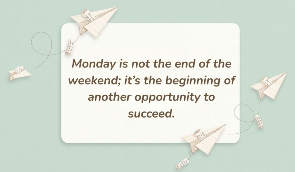 Mint green background with paper airplanes featuring monday motivational quotes for work reading, "Monday is not the end of the weekend; it's the beginning of another opportunity to succeed."