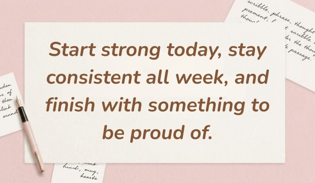 Soft pink desk background with a fountain pen and handwritten notes displaying monday motivational quotes for work reading, "Start strong today, stay consistent all week, and finish with something to be proud of."