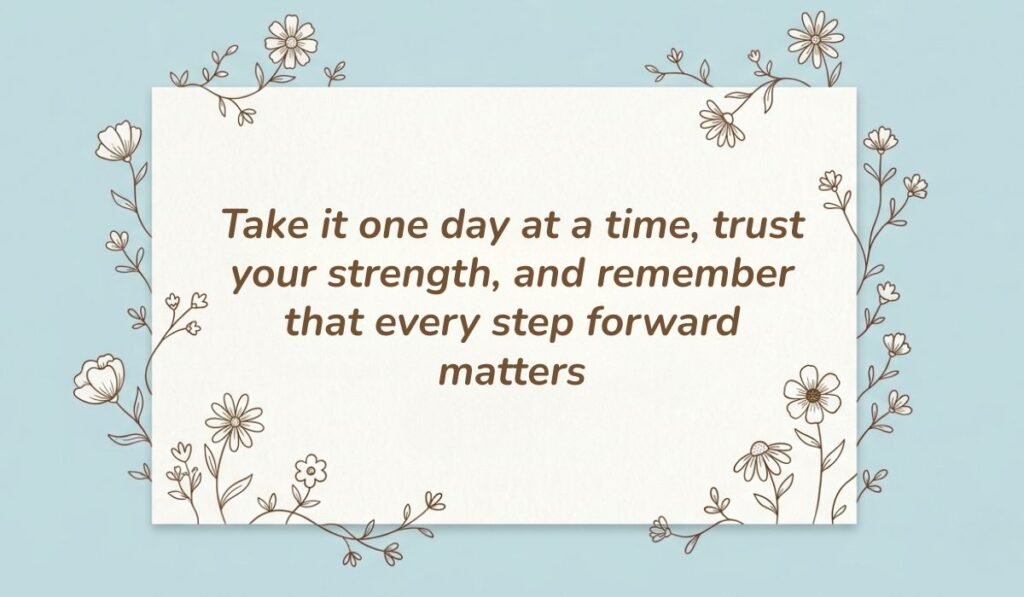 Light blue aesthetic card framed by line-art floral illustrations featuring motivational quotes for cancer patients reading, "Take it one day at a time, trust your strength, and remember that every step forward matters."