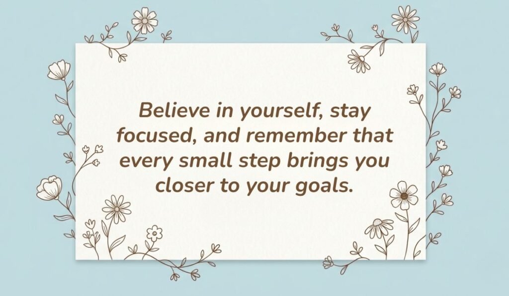 Light blue card with floral line-art borders displaying motivational quotes for college students reading, "Believe in yourself, stay focused, and remember that every small step brings you closer to your goals."