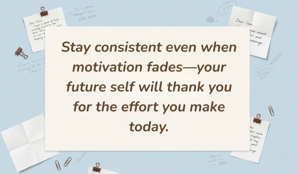 Light blue stationery flat lay with memo notes showing motivational quotes for college students reading, "Stay consistent even when motivation fades—your future self will thank you for the effort you make today."