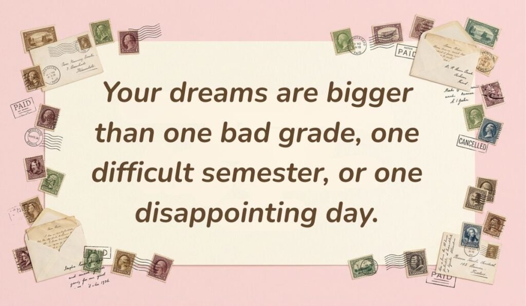Soft pink card layout framed with vintage postage stamps displaying motivational quotes for college students reading, "Your dreams are bigger than one bad grade, one difficult semester, or one disappointing day."