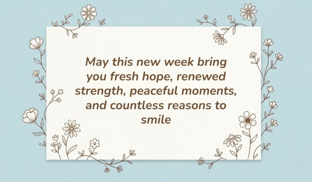 Light blue background framed with botanical floral line art presenting new week blessings reading, "May this new week bring you fresh hope, renewed strength, peaceful moments, and countless reasons to smile"