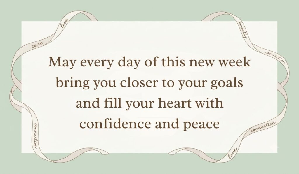 Sage green backdrop framed with flowing decorative ribbons showcasing new week blessings reading, "May every day of this new week bring you closer to your goals and fill your heart with confidence and peace"